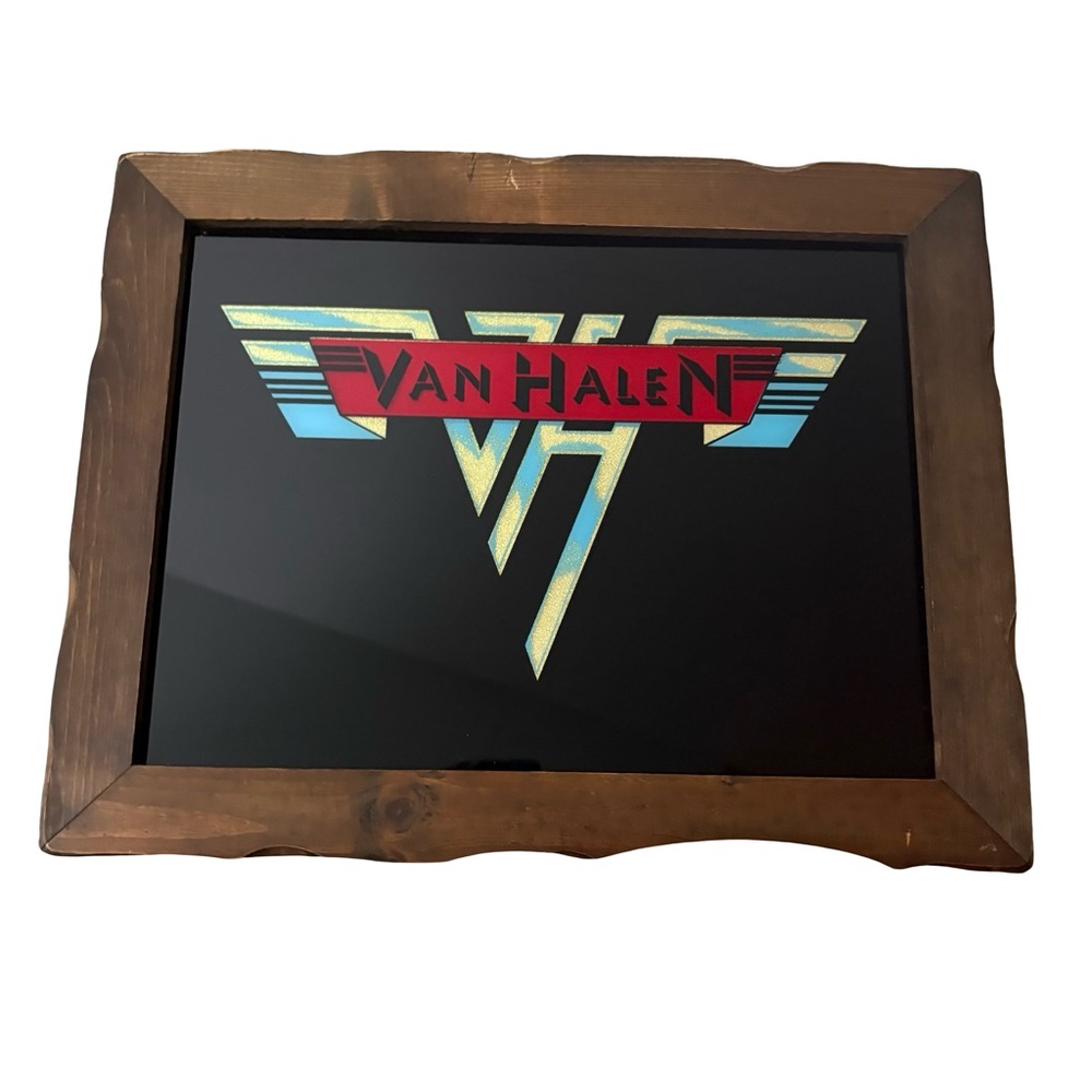 Vintage 1980s Van Halen Carnival Mirror Foil Glass Large 19" X 15" Wood Frame